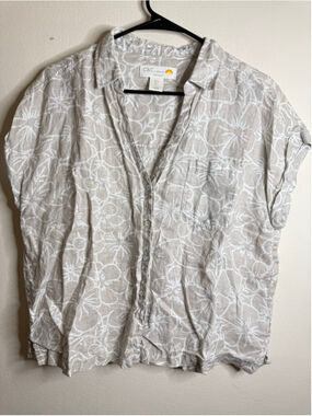 Women's C&C California 100% Linen Button Down Shirt, Size L, Beige and White
